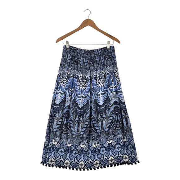 J. Jill Maxi Skirt Sz S Petite Blue White Print Elastic Waist Tassels Hem Boho - Picture 1 of 13